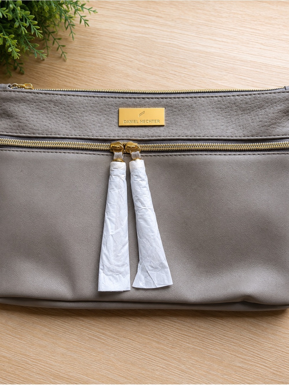 Daniel Hechter Taupe Double-Zip Wristlet Clutch with Gold Trim